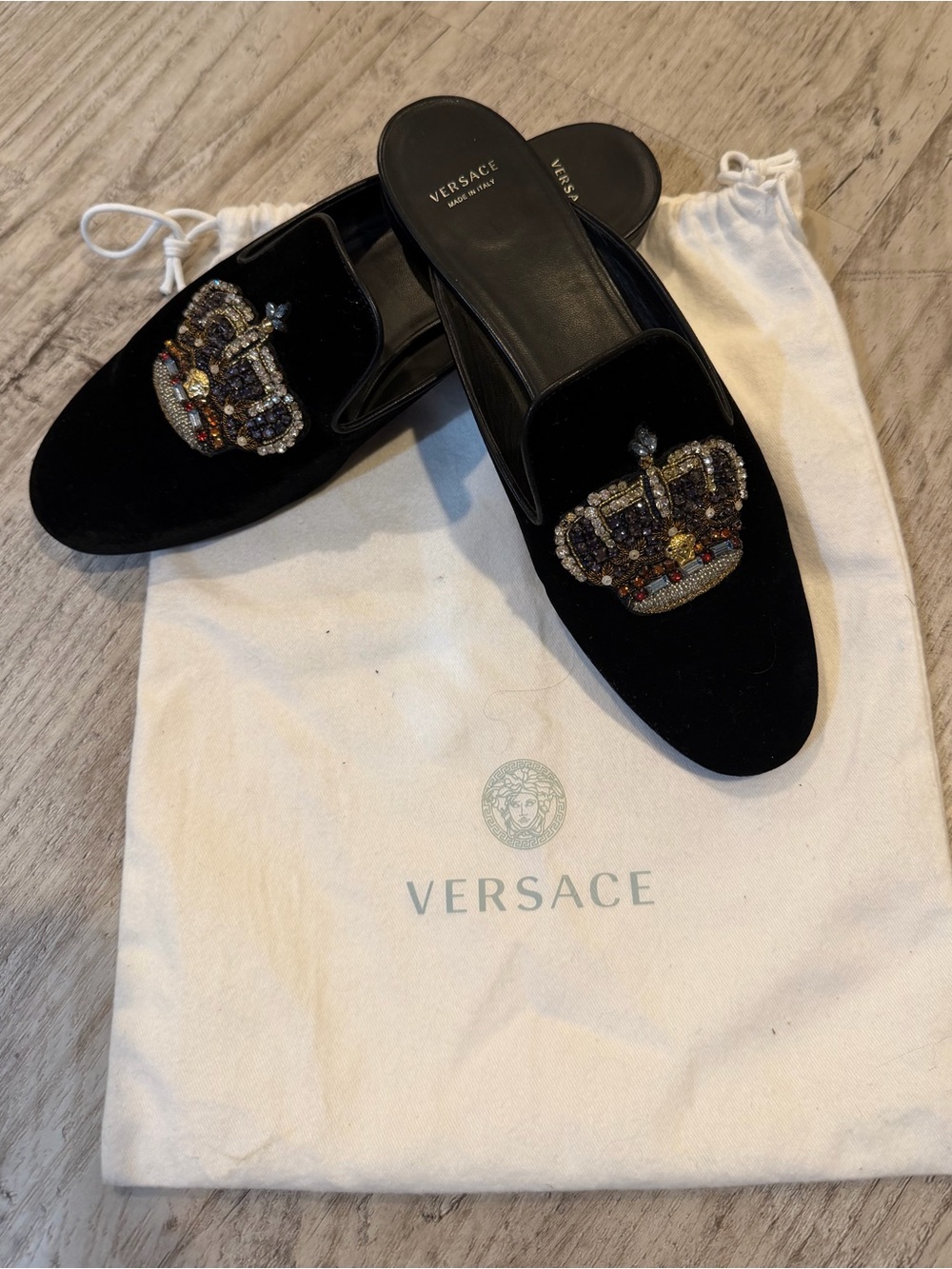 Versace Black Velvet Crown Embellished Mules 38.5 - Picture 2 of 5